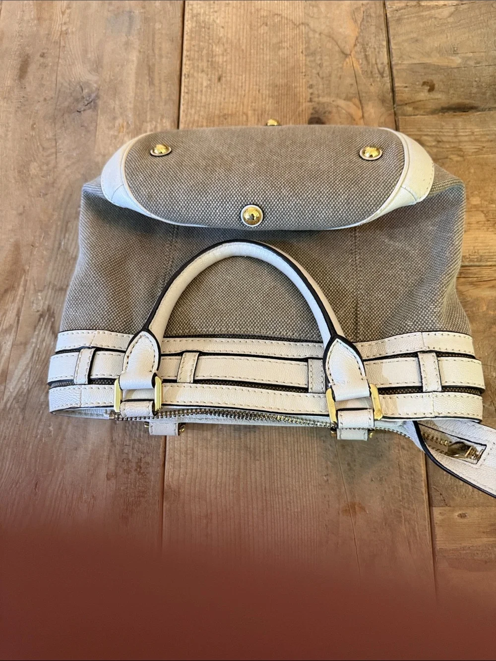 Michael Kors Beige Canvas Shoulder Bag with White Leather Trim